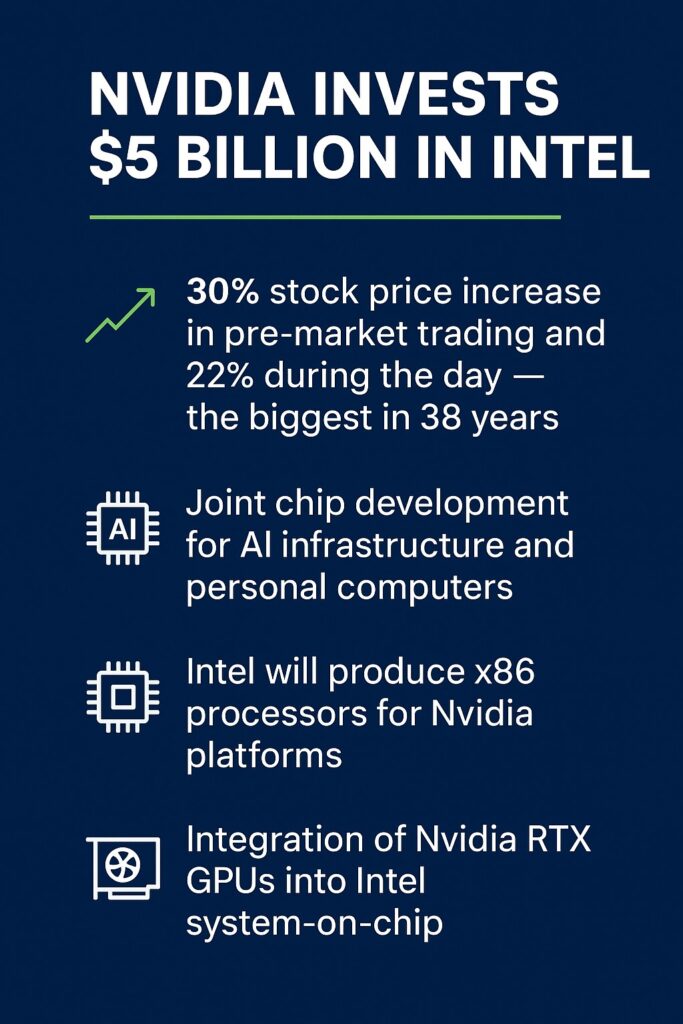Infographic showing Intel and Nvidia partnership key points - investment, technologies, products