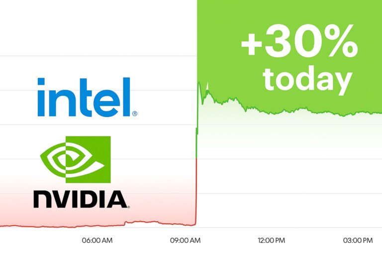 Intel and Nvidia logos with 30% stock growth chart in background