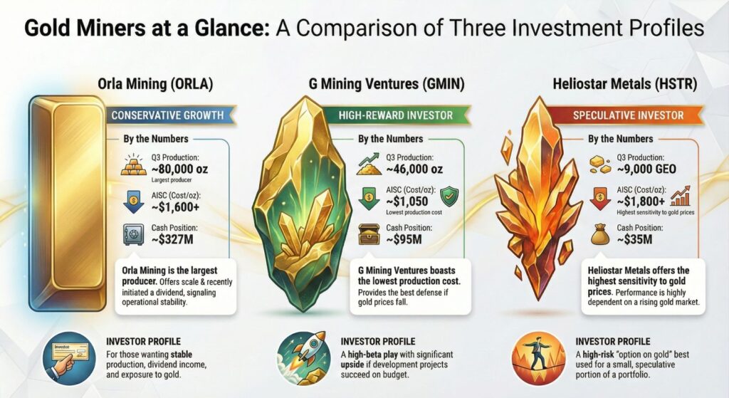 Q3 2025 gold production chart: Orla Mining 79,645 oz, G Mining Ventures 46,360 oz, Heliostar Metals 9,165 GEO
Comparative table of AISC (All-in Sustaining Cost) for gold mining companies: G Mining $1,046/oz, Orla Mining $1,641/oz, Heliostar $1,825/GEO