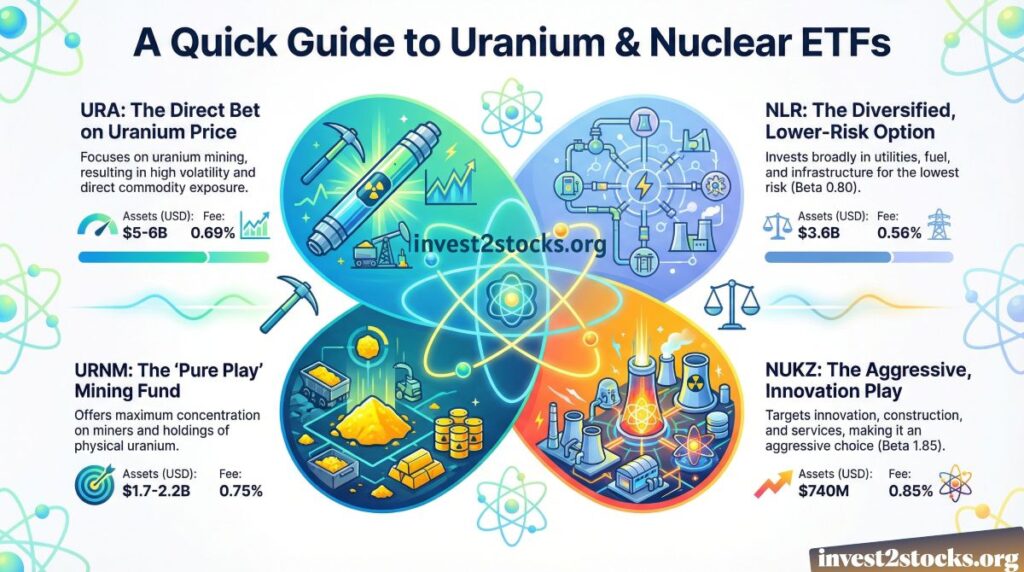 Uranium ETF comparison table: URA, NLR, NUKZ, URNM by assets under management, fees and risk profile