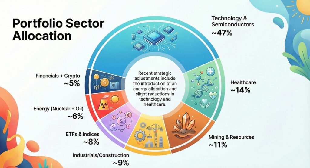 Portfolio sector allocation December 2025: technology 47%, energy 6%, other sectors